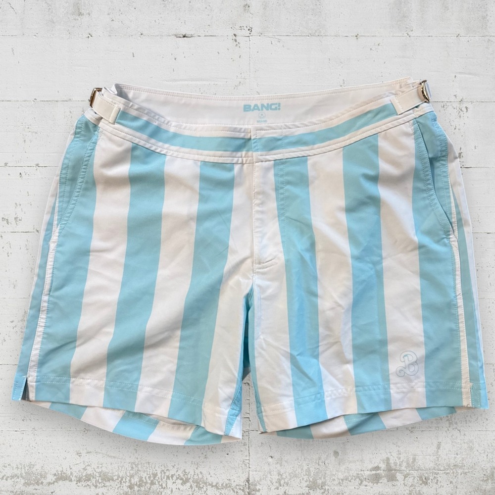BANG Miami Blue White Stripes Men Swim Shorts Size L Buckles Brief Lining